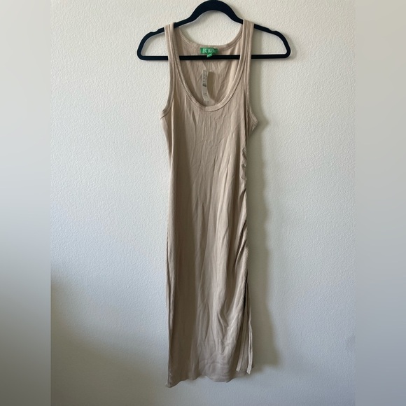J crew ruched sleeves midi dress in vintage rib beige with slit - Picture 4 of 6